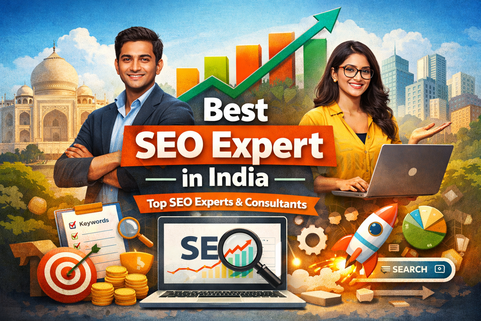 Best SEO expert in India illustration showing SEO specialists, growth chart, keyword analysis, and digital marketing tools representing top SEO experts and consultants in India.