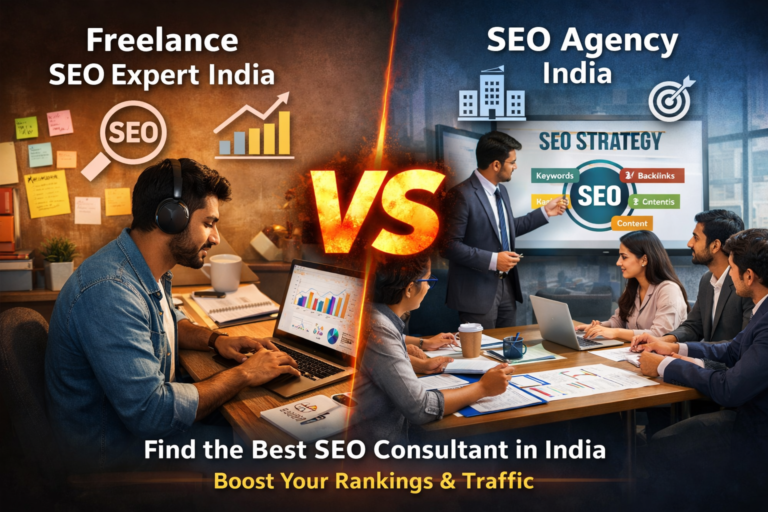 Freelance SEO expert vs SEO agency in India visual comparison for boosting rankings and traffic.