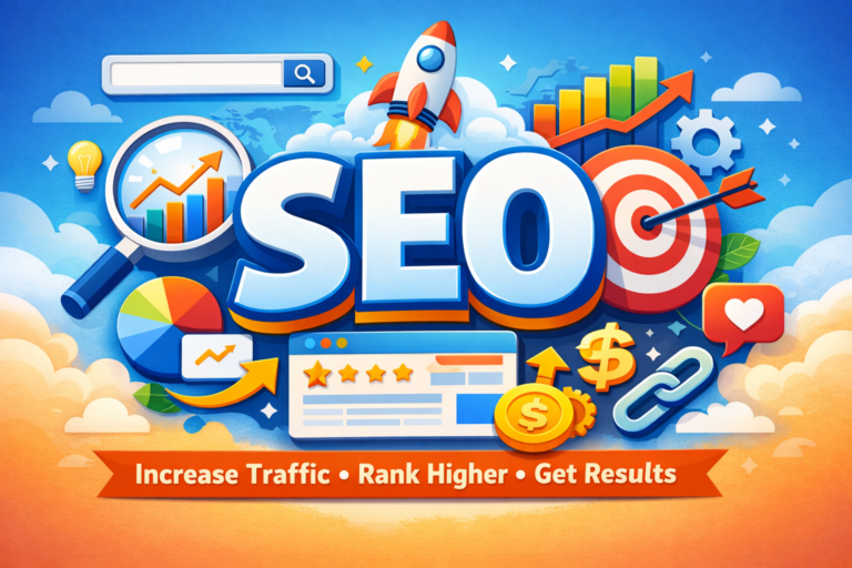 SEO optimization graphic representing keyword research, backlinks, and organic traffic growth