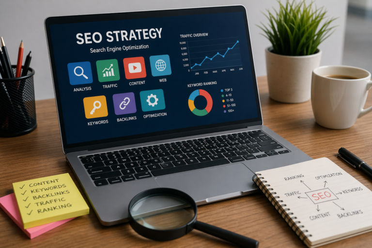 Laptop displaying SEO strategy dashboard with keywords, traffic growth chart, backlinks, and ranking analytics on a modern workspace desk with notebook, coffee, and office tools