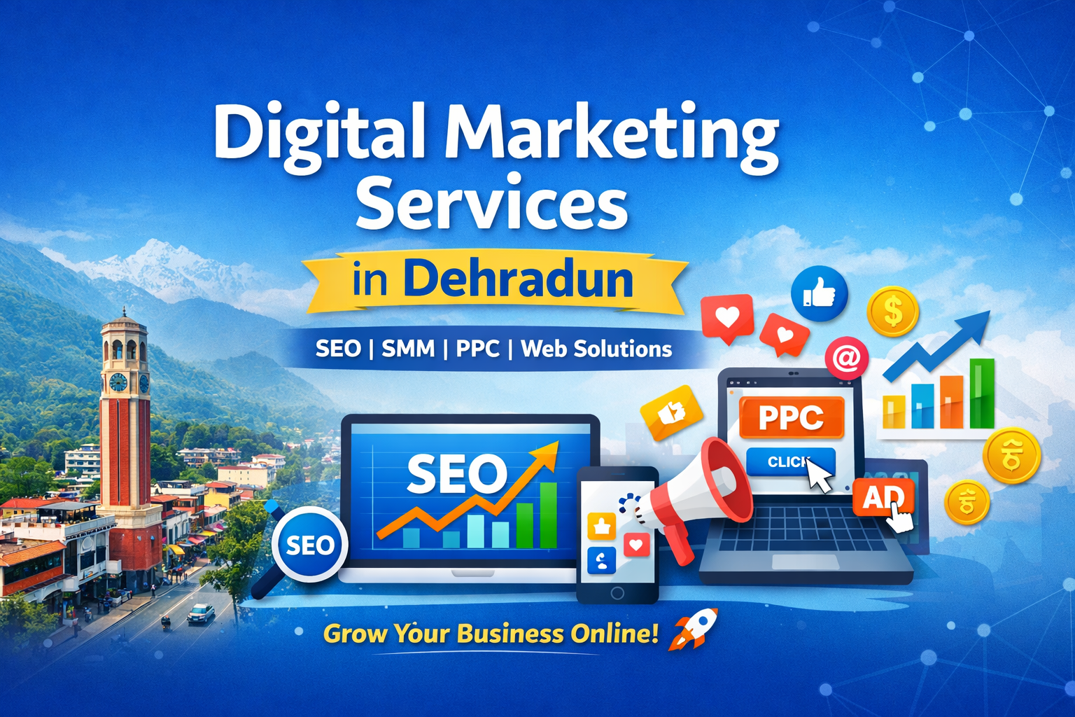 Digital marketing services in Dehradun featuring SEO, SMM, PPC, and web solutions with analytics dashboard and growth icons.